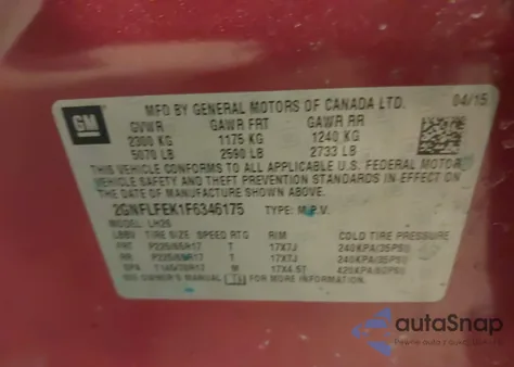 2015 Chevrolet Equinox 1Lt from USA, damaged, VIN 2GNFLFEK1F6346175